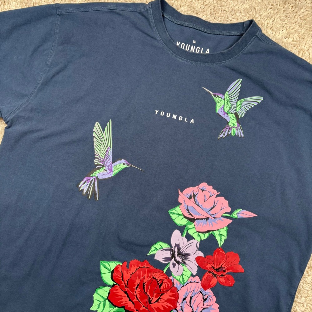 YoungLA Hummingbird Floral Graphic T-Shirt Mens Large Navy Blue YLA2128